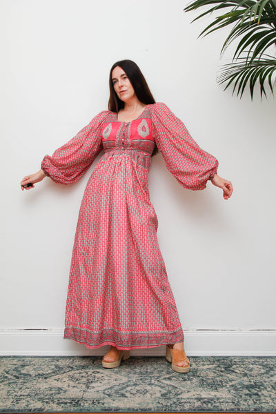 Rare Vintage Indian Cotton Dress with Matching Crop Jacket, Pink Block Print Bohemian Set