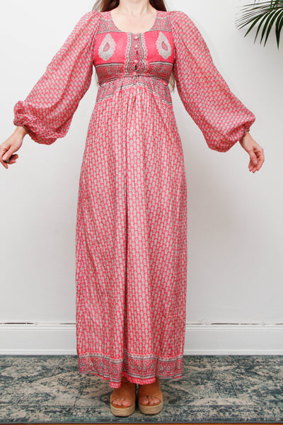 Rare Vintage Indian Cotton Dress with Matching Crop Jacket, Pink Block Print Bohemian Set