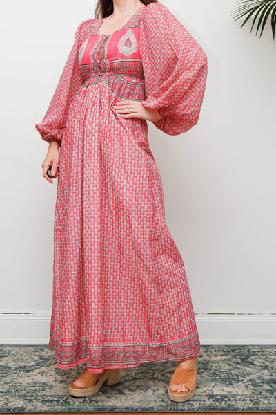 Rare Vintage Indian Cotton Dress with Matching Crop Jacket, Pink Block Print Bohemian Set
