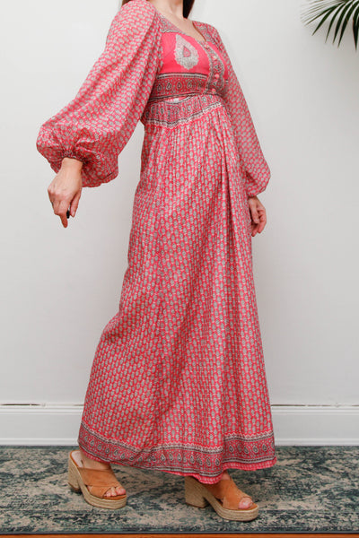 Rare Vintage Indian Cotton Dress with Matching Crop Jacket, Pink Block Print Bohemian Set