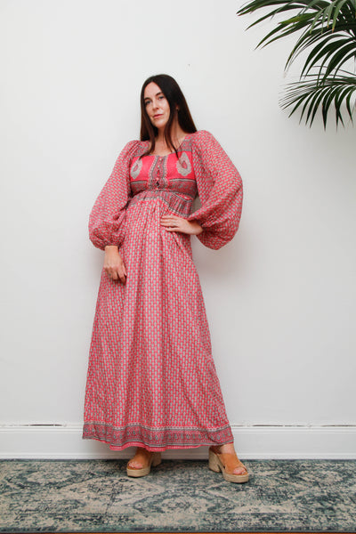 Rare Vintage Indian Cotton Dress with Matching Crop Jacket, Pink Block Print Bohemian Set