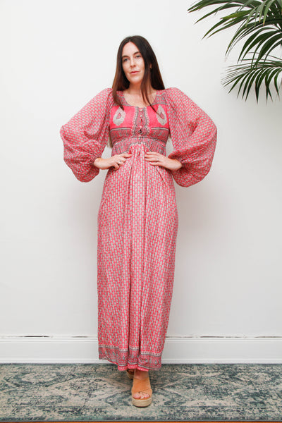 Rare Vintage Indian Cotton Dress with Matching Crop Jacket, Pink Block Print Bohemian Set
