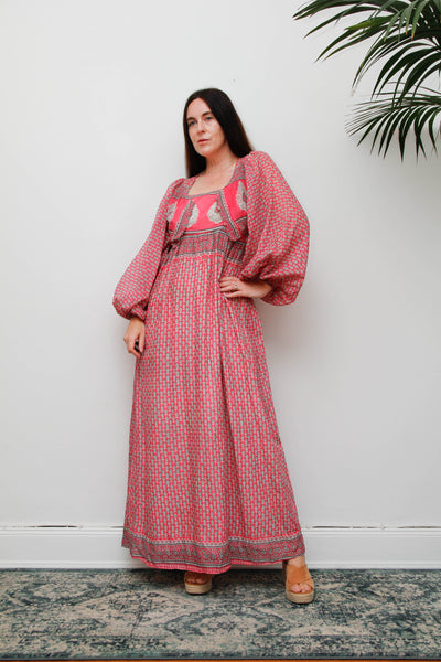 Rare Vintage Indian Cotton Dress with Matching Crop Jacket, Pink Block Print Bohemian Set