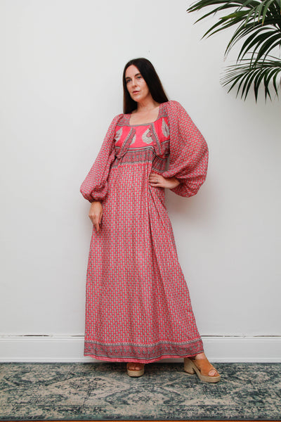 Rare Vintage Indian Cotton Dress with Matching Crop Jacket, Pink Block Print Bohemian Set