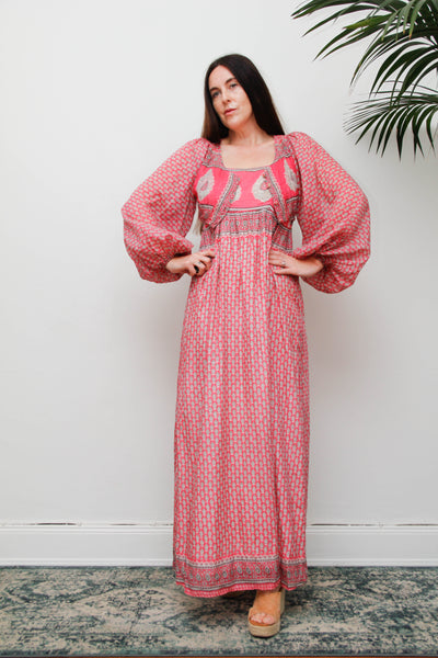 Rare Vintage Indian Cotton Dress with Matching Crop Jacket, Pink Block Print Bohemian Set