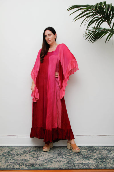 Vintage 1970s Ayesha Davar Silk Kaftan Dress, Pink Bohemian Maxi