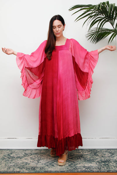Vintage 1970s Ayesha Davar Silk Kaftan Dress, Pink Bohemian Maxi
