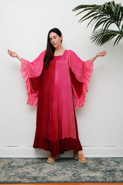 Vintage 1970s Ayesha Davar Silk Kaftan Dress, Pink Bohemian Maxi