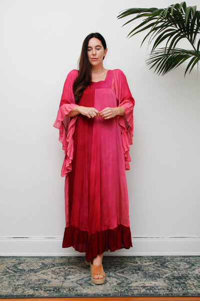 Vintage 1970s Ayesha Davar Silk Kaftan Dress, Pink Bohemian Maxi