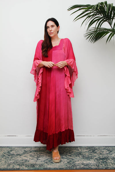 Vintage 1970s Ayesha Davar Silk Kaftan Dress, Pink Bohemian Maxi