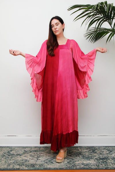 Vintage 1970s Ayesha Davar Silk Kaftan Dress, Pink Bohemian Maxi