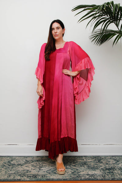 Vintage 1970s Ayesha Davar Silk Kaftan Dress, Pink Bohemian Maxi