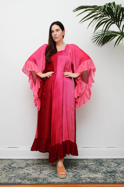 Vintage 1970s Ayesha Davar Silk Kaftan Dress, Pink Bohemian Maxi