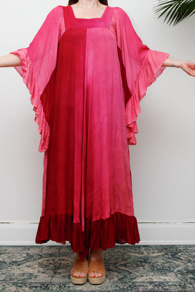 Vintage 1970s Ayesha Davar Silk Kaftan Dress, Pink Bohemian Maxi