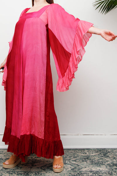Vintage 1970s Ayesha Davar Silk Kaftan Dress, Pink Bohemian Maxi