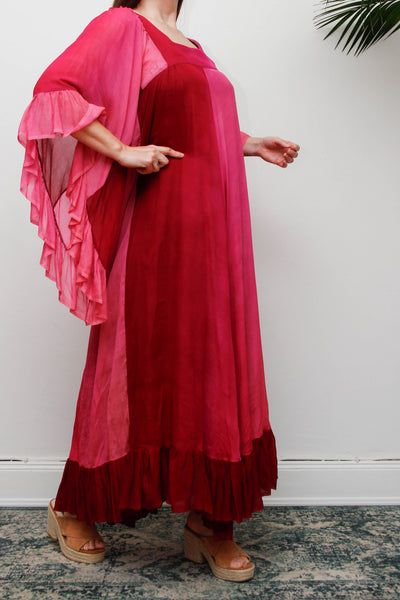 Vintage 1970s Ayesha Davar Silk Kaftan Dress, Pink Bohemian Maxi