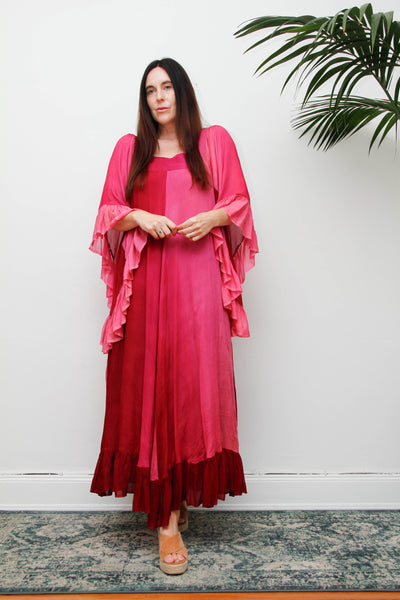 Vintage 1970s Ayesha Davar Silk Kaftan Dress, Pink Bohemian Maxi