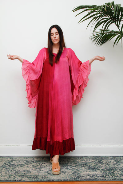 Vintage 1970s Ayesha Davar Silk Kaftan Dress, Pink Bohemian Maxi