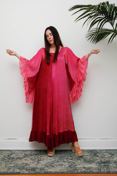 Vintage 1970s Ayesha Davar Silk Kaftan Dress, Pink Bohemian Maxi