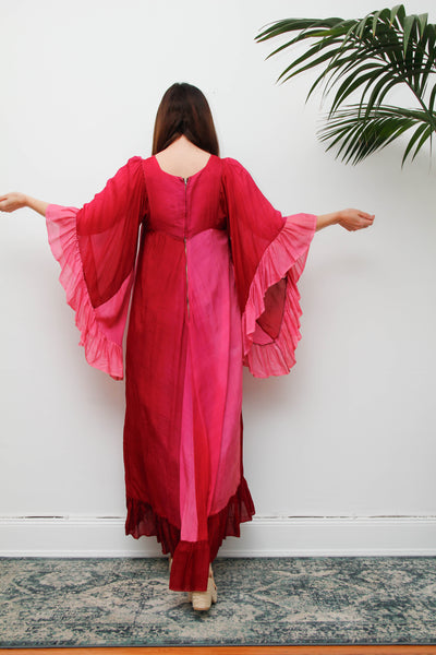 Vintage 1970s Ayesha Davar Silk Kaftan Dress, Pink Bohemian Maxi