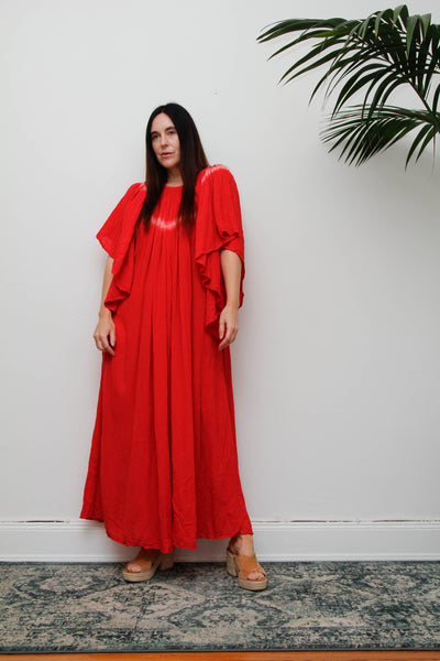Amerikan Climax Cheesecloth Dress, Red Tie Dye Cotton Bohemian Maxi