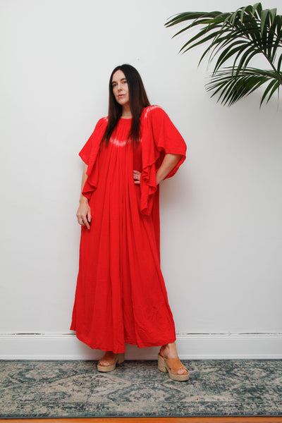Amerikan Climax Cheesecloth Dress, Red Tie Dye Cotton Bohemian Maxi