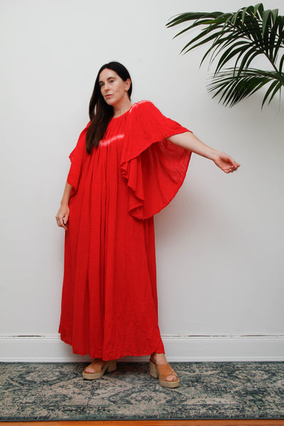 Amerikan Climax Cheesecloth Dress, Red Tie Dye Cotton Bohemian Maxi