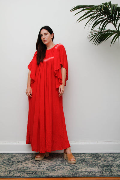 Amerikan Climax Cheesecloth Dress, Red Tie Dye Cotton Bohemian Maxi