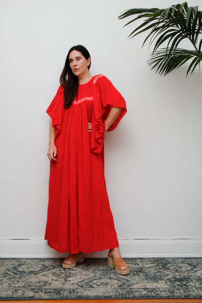 Amerikan Climax Cheesecloth Dress, Red Tie Dye Cotton Bohemian Maxi