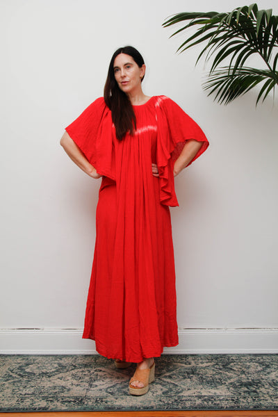 Amerikan Climax Cheesecloth Dress, Red Tie Dye Cotton Bohemian Maxi