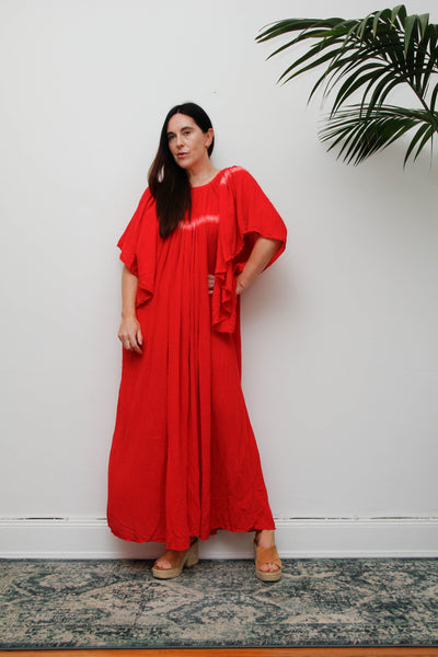Amerikan Climax Cheesecloth Dress, Red Tie Dye Cotton Bohemian Maxi