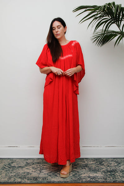 Amerikan Climax Cheesecloth Dress, Red Tie Dye Cotton Bohemian Maxi