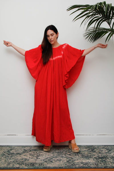 Amerikan Climax Cheesecloth Dress, Red Tie Dye Cotton Bohemian Maxi