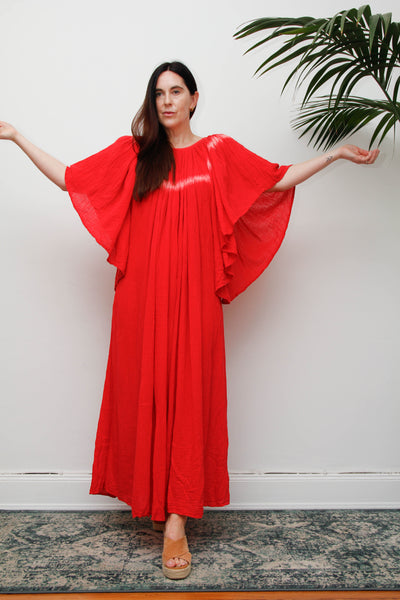 Amerikan Climax Cheesecloth Dress, Red Tie Dye Cotton Bohemian Maxi