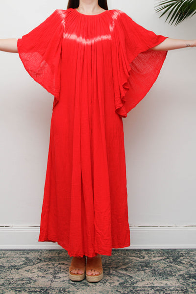 Amerikan Climax Cheesecloth Dress, Red Tie Dye Cotton Bohemian Maxi