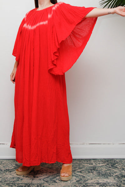 Amerikan Climax Cheesecloth Dress, Red Tie Dye Cotton Bohemian Maxi