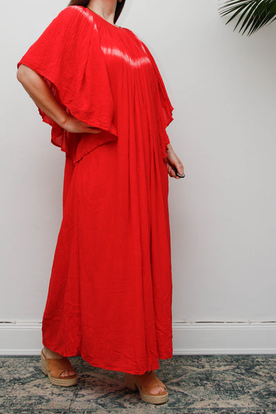 Amerikan Climax Cheesecloth Dress, Red Tie Dye Cotton Bohemian Maxi