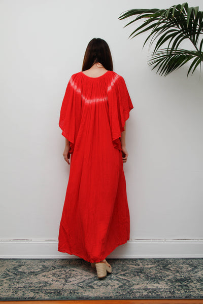 Amerikan Climax Cheesecloth Dress, Red Tie Dye Cotton Bohemian Maxi