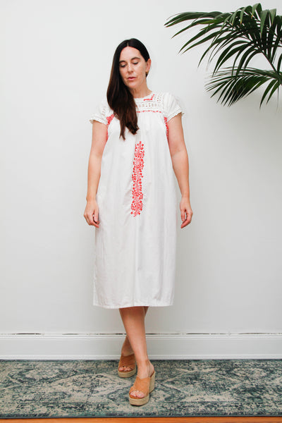 Vintage 1970s Oaxacan Mexican Dress, White Embroidered Cotton Midi