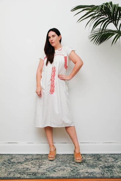 Vintage 1970s Oaxacan Mexican Dress, White Embroidered Cotton Midi