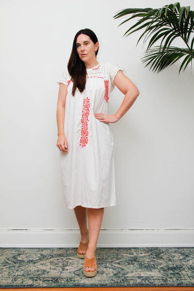 Vintage 1970s Oaxacan Mexican Dress, White Embroidered Cotton Midi