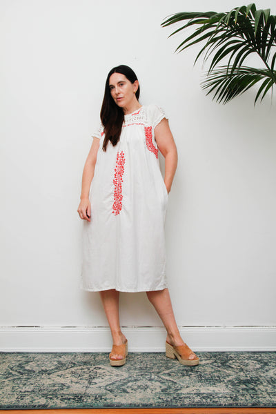 Vintage 1970s Oaxacan Mexican Dress, White Embroidered Cotton Midi