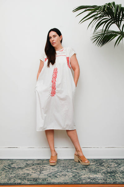 Vintage 1970s Oaxacan Mexican Dress, White Embroidered Cotton Midi
