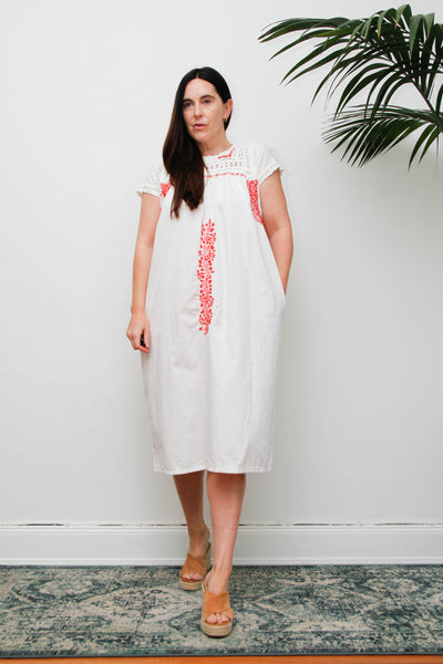 Vintage 1970s Oaxacan Mexican Dress, White Embroidered Cotton Midi