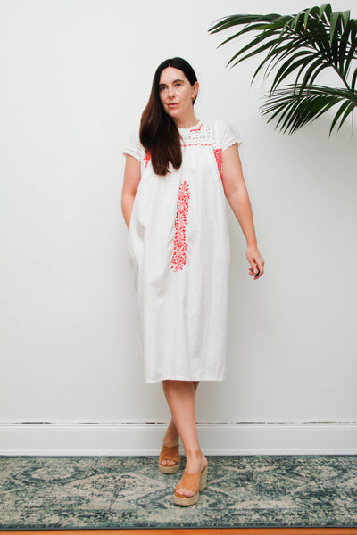 Vintage 1970s Oaxacan Mexican Dress, White Embroidered Cotton Midi