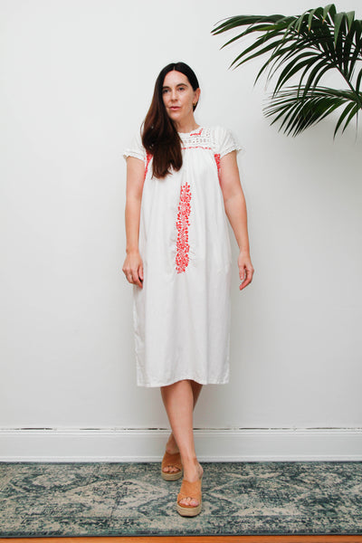 Vintage 1970s Oaxacan Mexican Dress, White Embroidered Cotton Midi