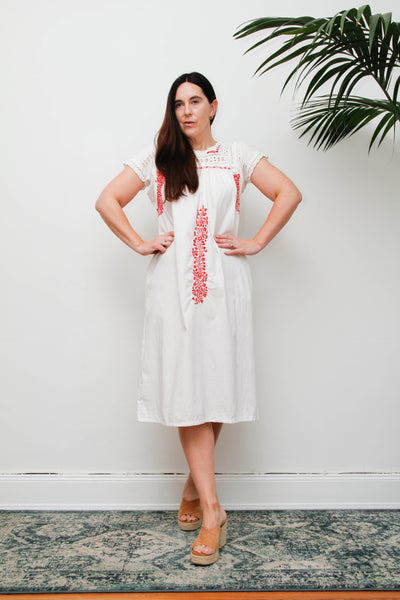 Vintage 1970s Oaxacan Mexican Dress, White Embroidered Cotton Midi