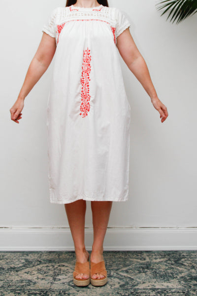 Vintage 1970s Oaxacan Mexican Dress, White Embroidered Cotton Midi