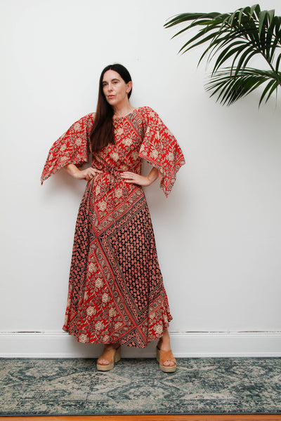 Vintage 1970s Indian Block Print Cotton Dress, Red Bohemian Kaftan Maxi