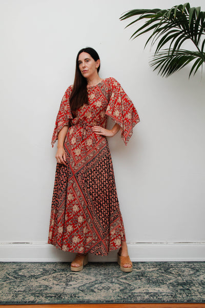 Vintage 1970s Indian Block Print Cotton Dress, Red Bohemian Kaftan Maxi